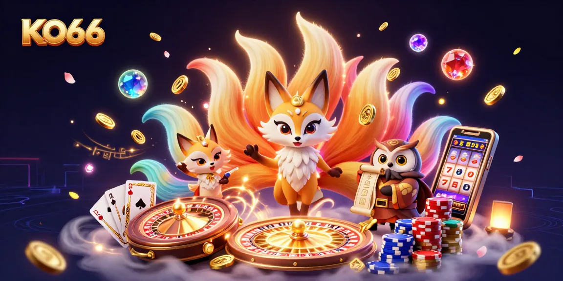 Experience thrilling gaming at KO66, where vibrant animations showcase glowing spirits and sparkling casino elements.