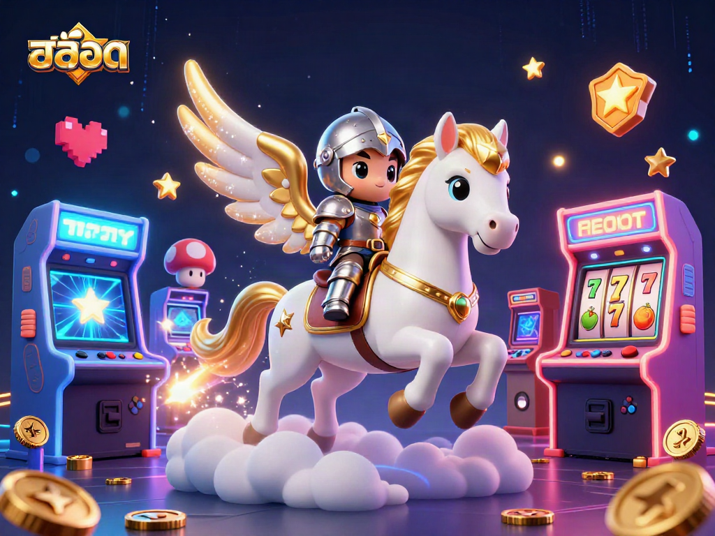 Experience the thrill of สล็อต winning with a magical 3D illustration of a horse and knight in a vibrant casino setting