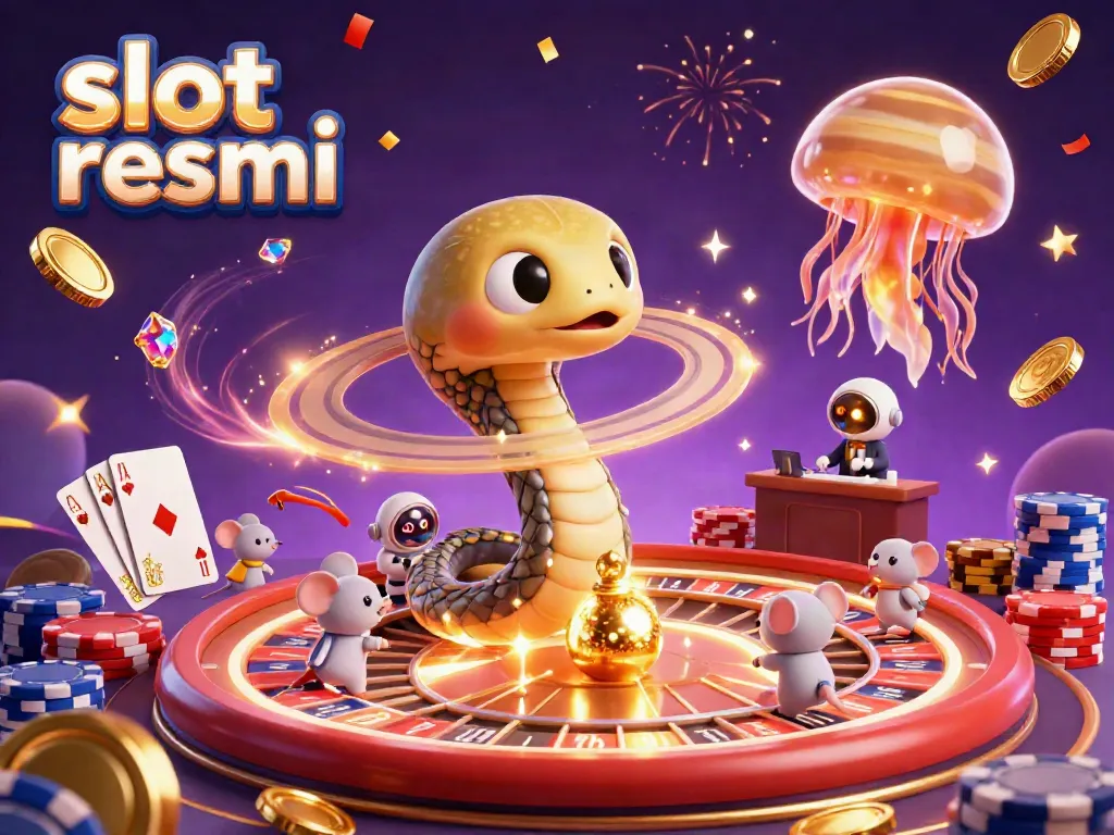 Engage with slot resmi in a cosmic casino by betting on the Saturn ring roulette, surrounded by mice players and a jellyfish dealer.