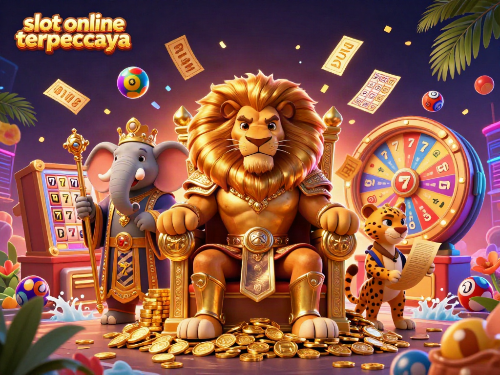 Slot online terpercaya menghadirkan raja singa 3D yang bertenaga dengan atribut kemenangan di tengah elemen permainan kasino.