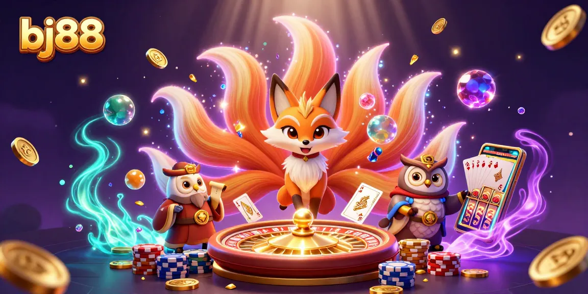 BJ88 immerses players in an action-packed scene with vibrant characters and dazzling casino elements.