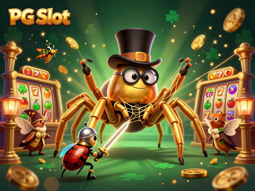 Engage with PG Slot through vibrant illustrations of a golden tarantula and beetle in a casino setting