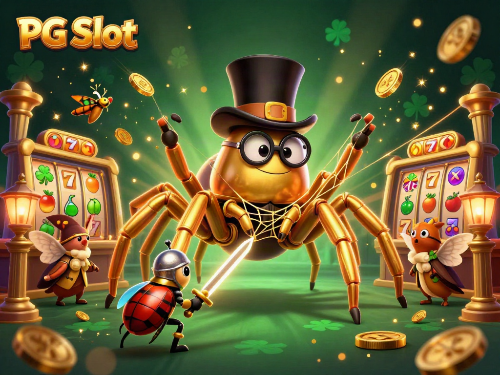 Engage with PG Slot through vibrant illustrations of a golden tarantula and beetle in a casino setting
