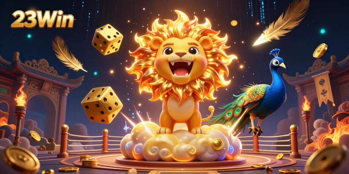 Experience the thrill of 23Win with a dynamic 3D casino scene featuring vibrant characters and gambling elements.