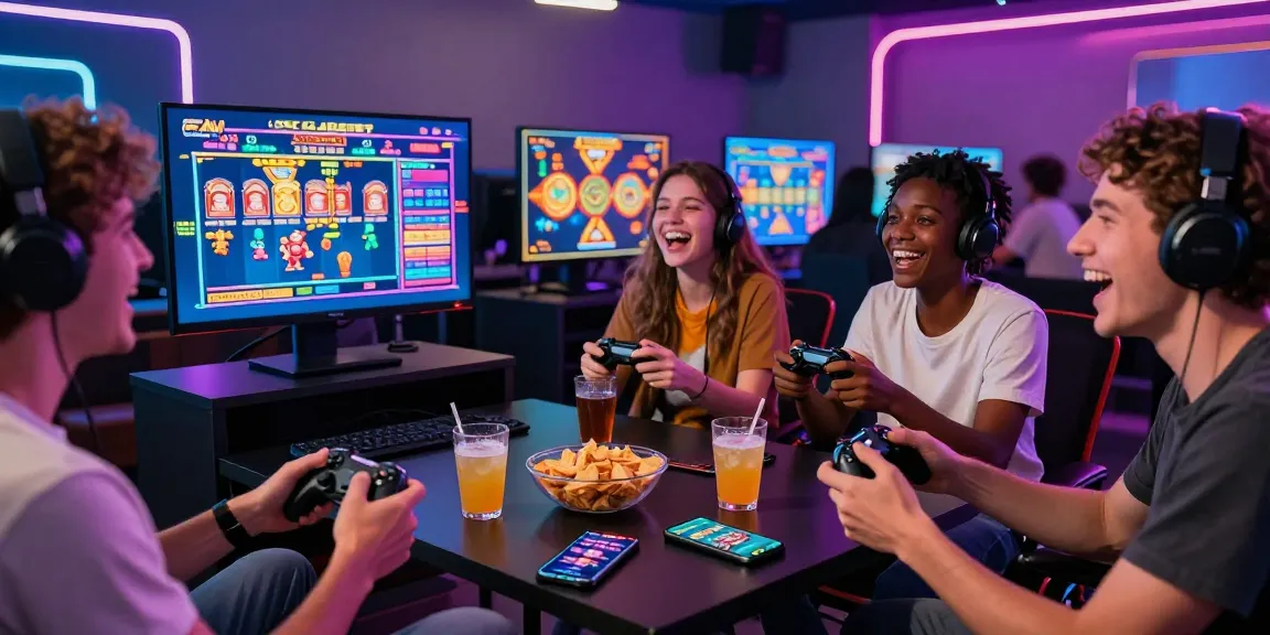 Friends enjoying demo slot games together in a vibrant gaming lounge.