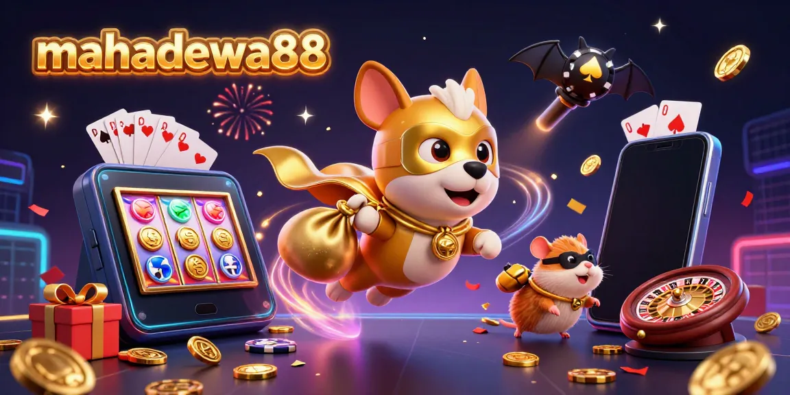 Join the excitement at mahadewa88 with a superhero dog soaring through casino fun and gold!