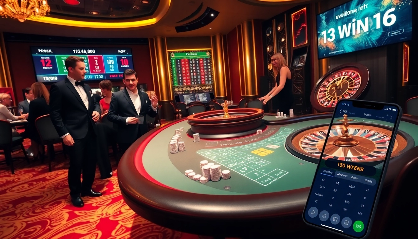 Gamblers engage at a luxury blackjack table in a vibrant casino, promoting 13win16 excitement.