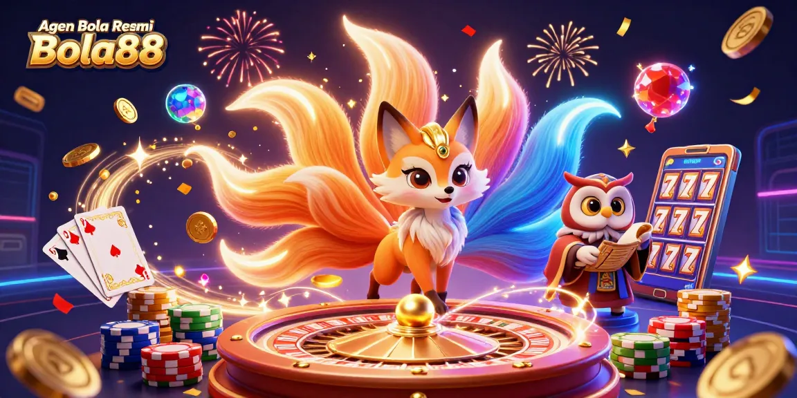 Engage with thrilling Agen Bola Resmi Bola88 action featuring a colorful nine-tailed fox and casino elements.