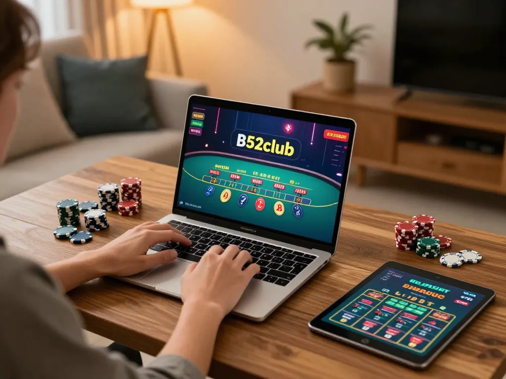 B52club player engaging in online baccarat with a strategic setup showcasing betting strategies