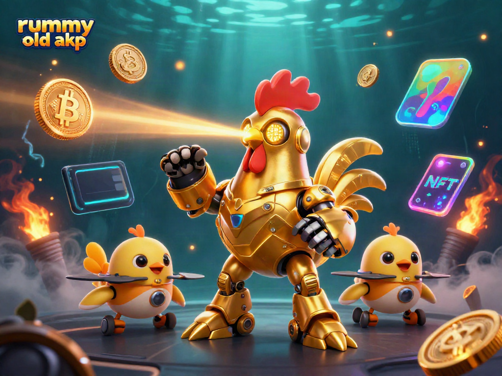 Engage with rummy old apk gameplay featuring a vibrant 3D cartoon scene with a futuristic rooster robot.