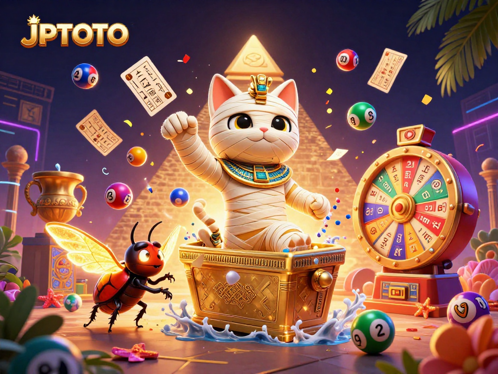 Engage in thrilling excitement with JPTOTO as the Egyptian mummy cat emerges in a vibrant casino.