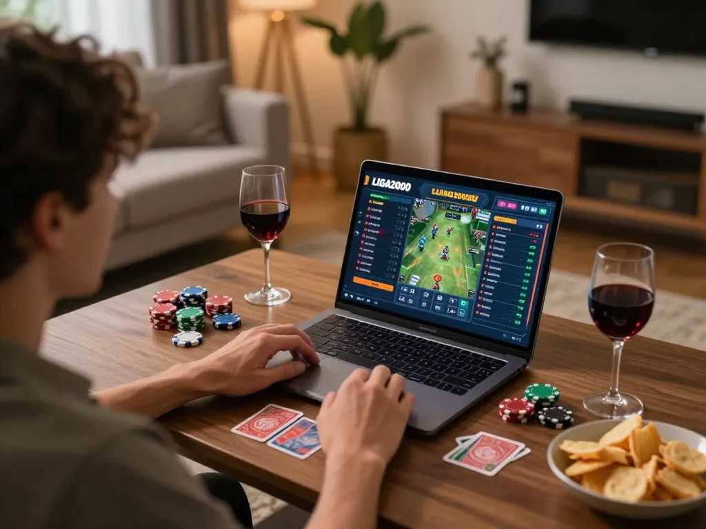 LIGA2000 betting strategy in action as player engages with online game on laptop