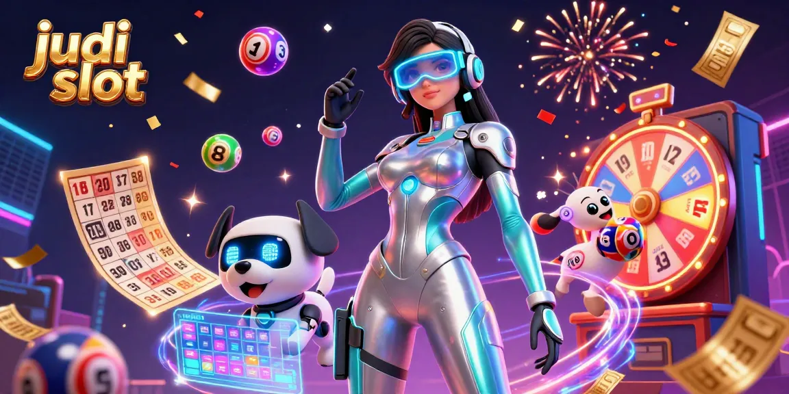 Engage in judi slot as a woman in a futuristic bodysuit interacts with a robot dog, surrounded by colorful casino elements.