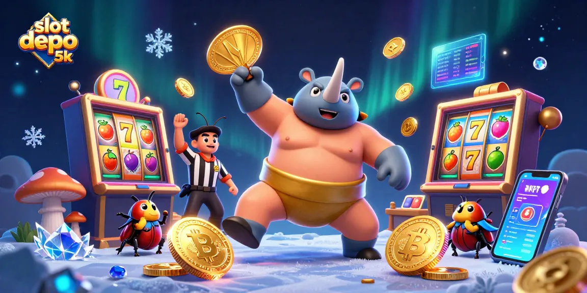 Engaging slot depo 5k illustration featuring a sumo beetle champion amidst dynamic slot reels and crypto coins.