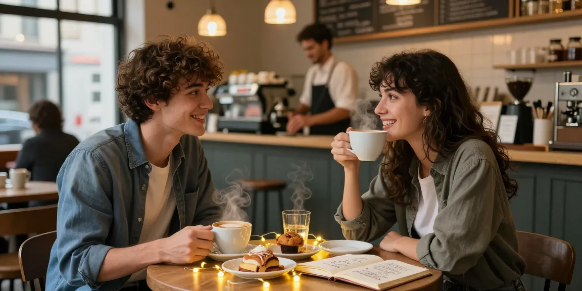 Couple enjoying coffee in a cozy café as they have a crush on each other, illuminated by soft fairy lights.