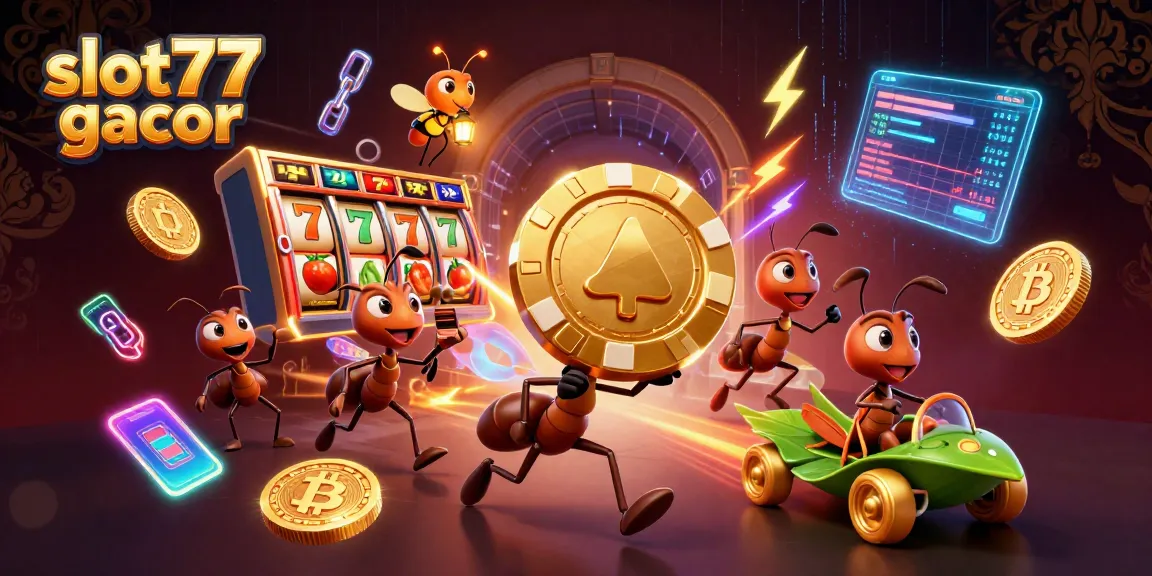 Experience the thrill of slot77 gacor with dynamic ants heisting a giant poker chip in this vibrant casino illustration.