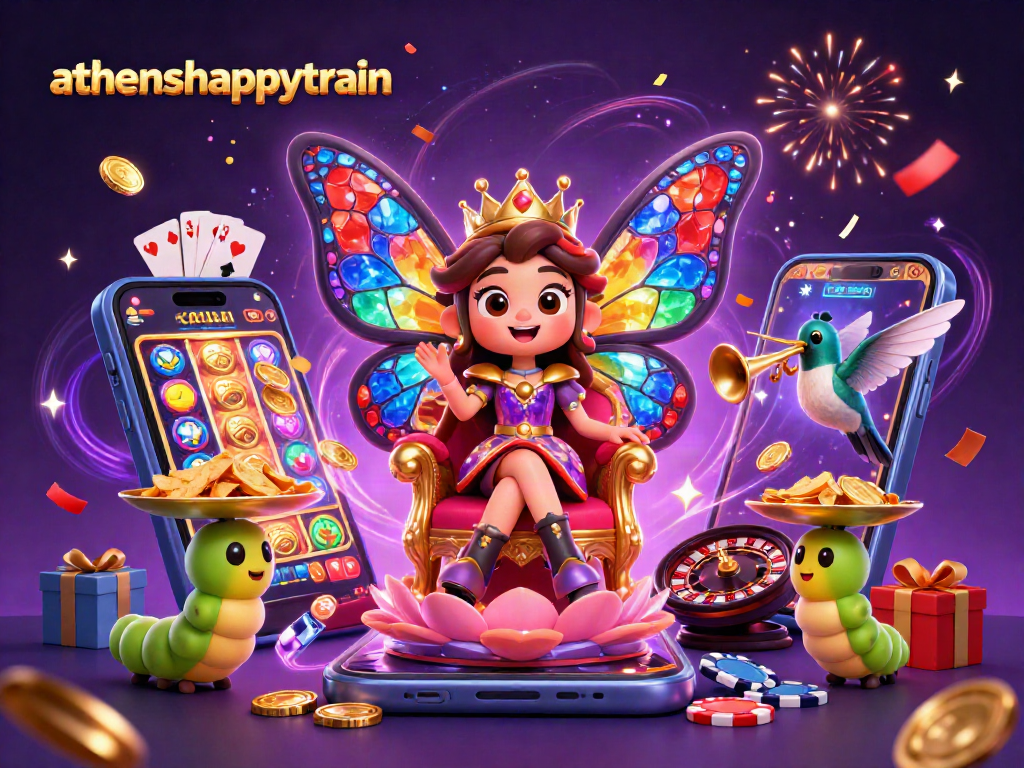 Join the celebration with athenshappytrain featuring a dazzling butterfly queen amidst rich casino elements.