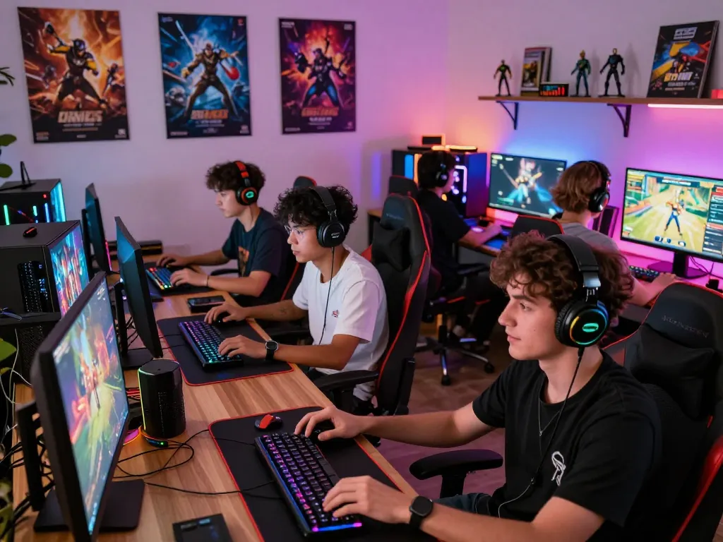 Dewi100 gaming enthusiasts engaged in intense multiplayer sessions in a vibrant gaming room.