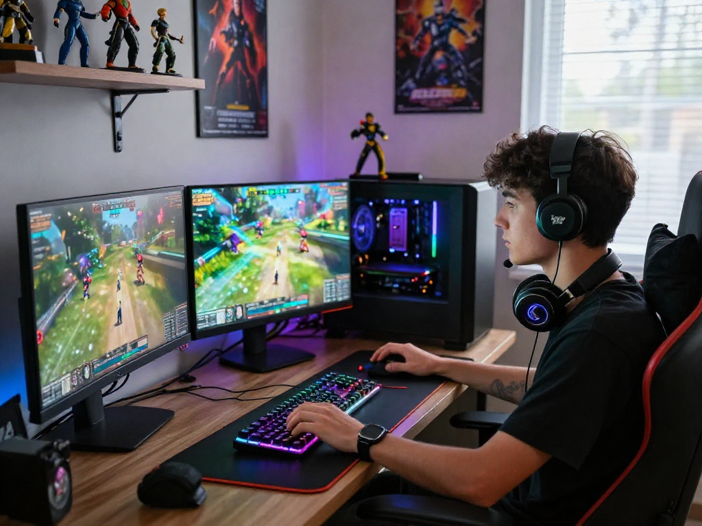 Gaming enthusiast using mpocash.blog setup with vibrant displays and dynamic lighting.