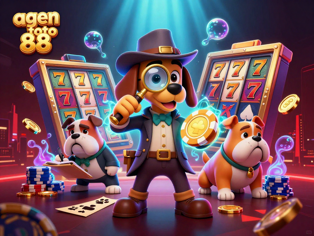 Engage with agen toto 88 through a vibrant casino scene featuring cartoon detective and treasures.