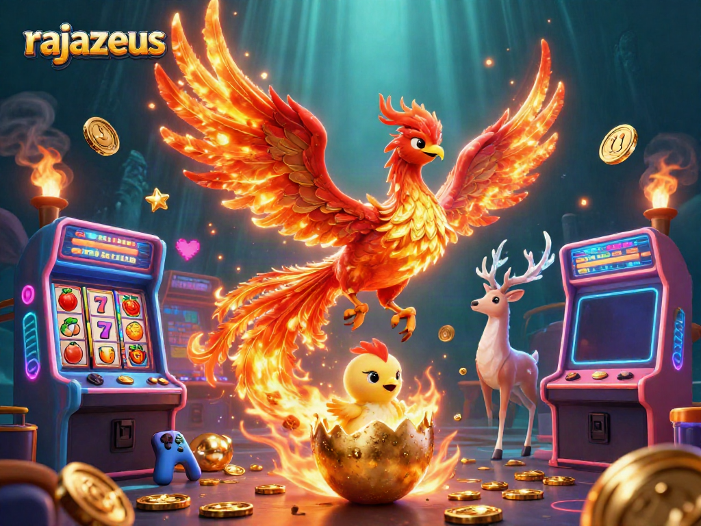 RajaZeus menampilkan phoenix berapi di tengah jackpot slot yang gemerlap.