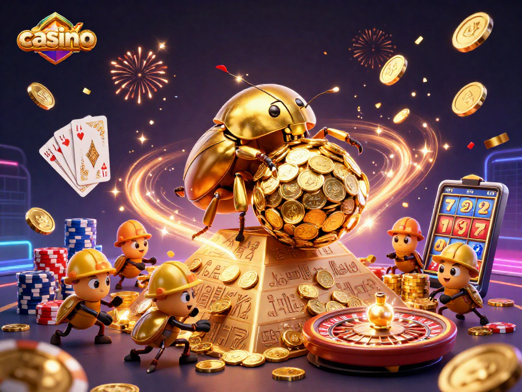 Experience the thrill of casino action with massive golden beetles rolling coins and festive bonuses exploding.