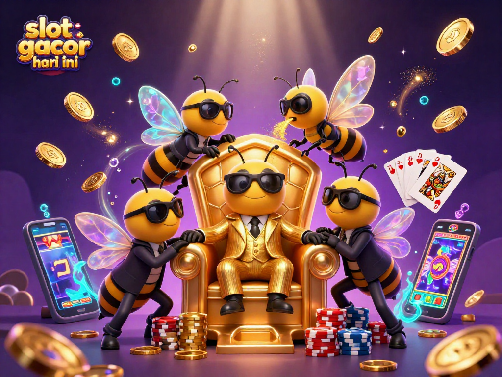 Menggambarkan slot gacor hari ini dengan boss lebah 3D dan aksesoris kasino yang berkilau