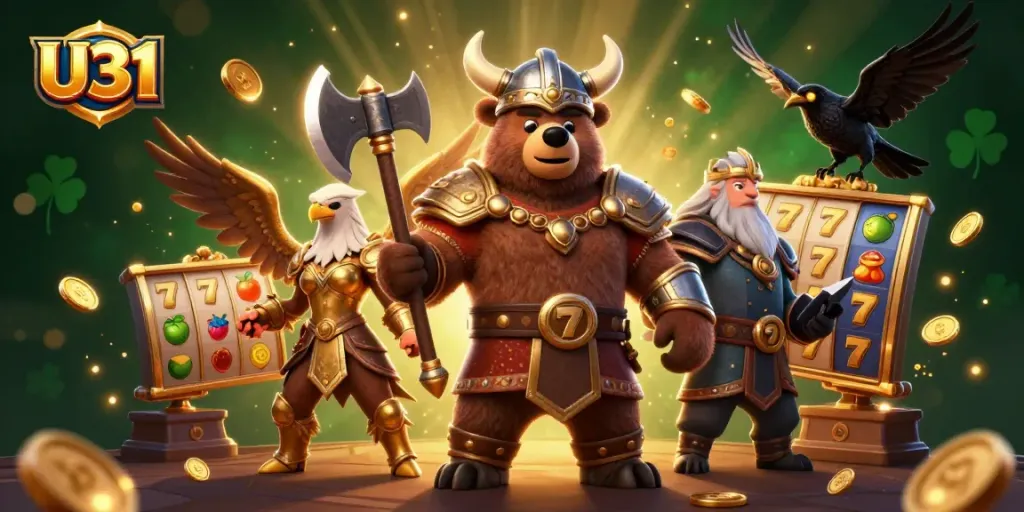 Engage in thrilling gameplay at U31 with a Viking berserker bear in action, amidst dynamic slot elements and golden rewards.