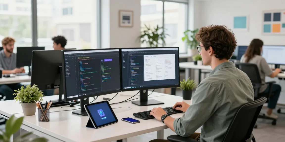 Developer coding at a modern workspace for slot7000, showcasing productivity and technology.