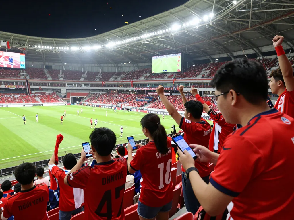 Excited football fans analyzing tỷ lệ kèo bóng đá in a lively stadium atmosphere during a match.