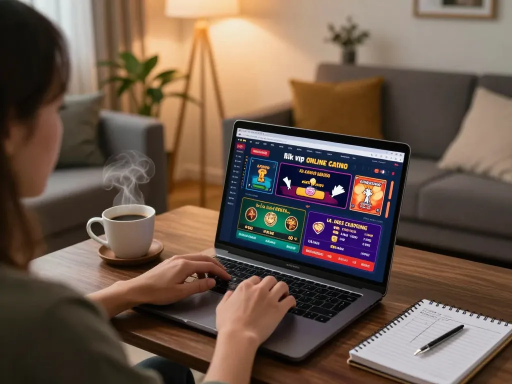 Engaged player enjoying rik vip online gaming experience in a cozy living room setup.