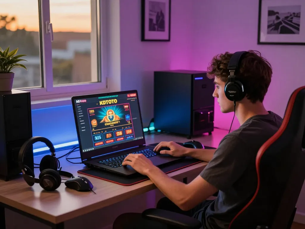 KDTOTO player engaged in online gaming with vibrant LED ambiance, focusing on casino strategies.