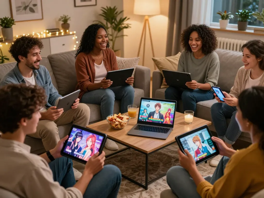 Engaged adults playing sex games on devices in a cozy living room
