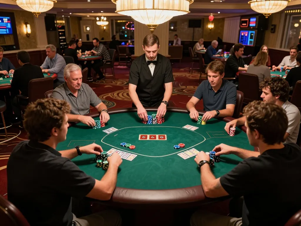 Players strategizing during an intense F8bet poker game at a vibrant casino table