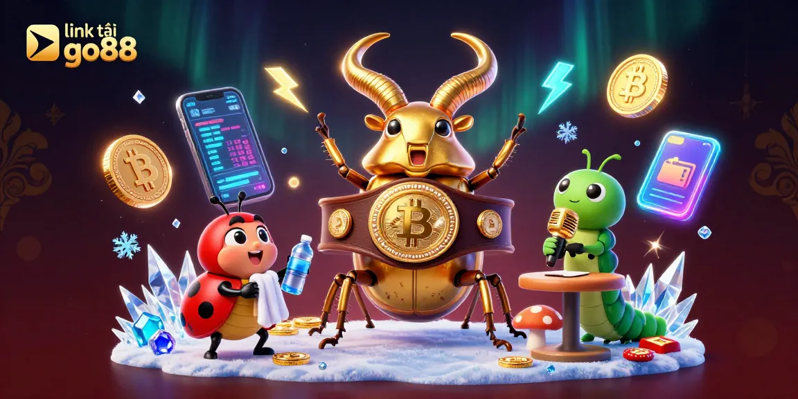Engage with link tải go88 in this vibrant 3D scene featuring casino characters amidst glowing crypto elements.
