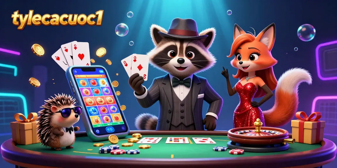 Engage in vibrant gameplay as tylecacuoc1 features a raccoon with a royal flush, flanked by a glamorous fox, immersed in a lively casino scene.