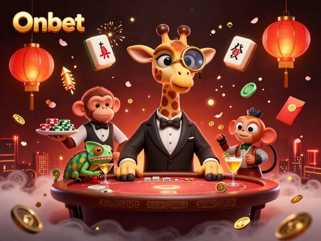 Onbet vibrantly illustrated scene with high-roller giraffe, monkey valet, and chameleon bartender amidst exciting casino elements.