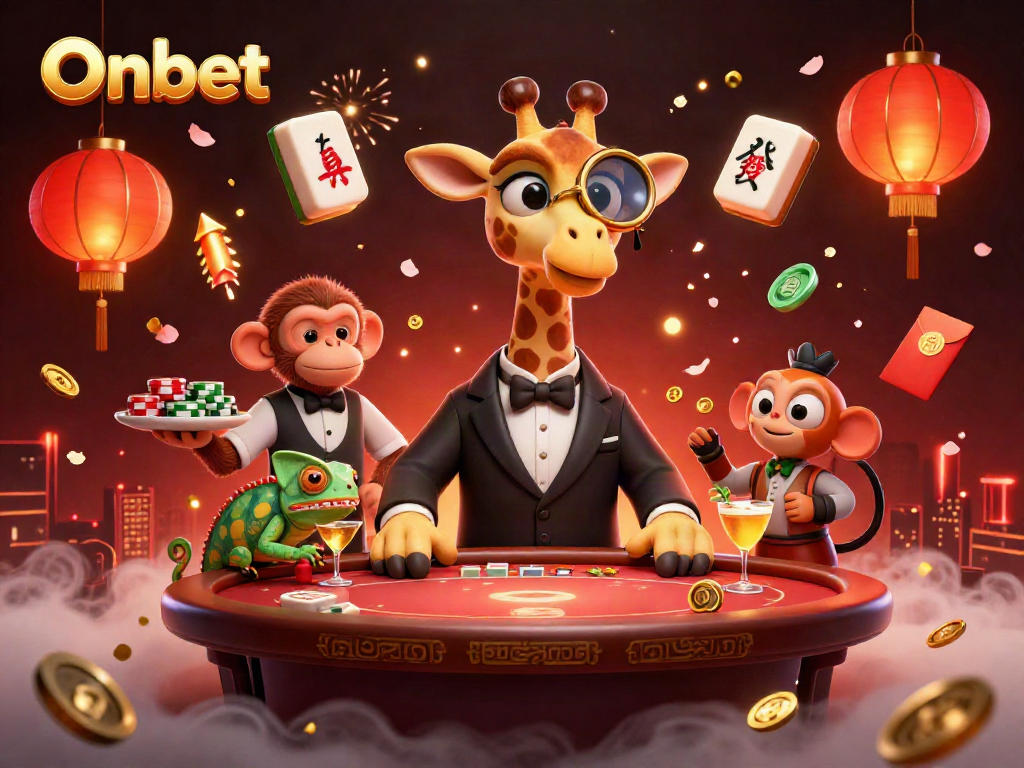 Onbet vibrantly illustrated scene with high-roller giraffe, monkey valet, and chameleon bartender amidst exciting casino elements.