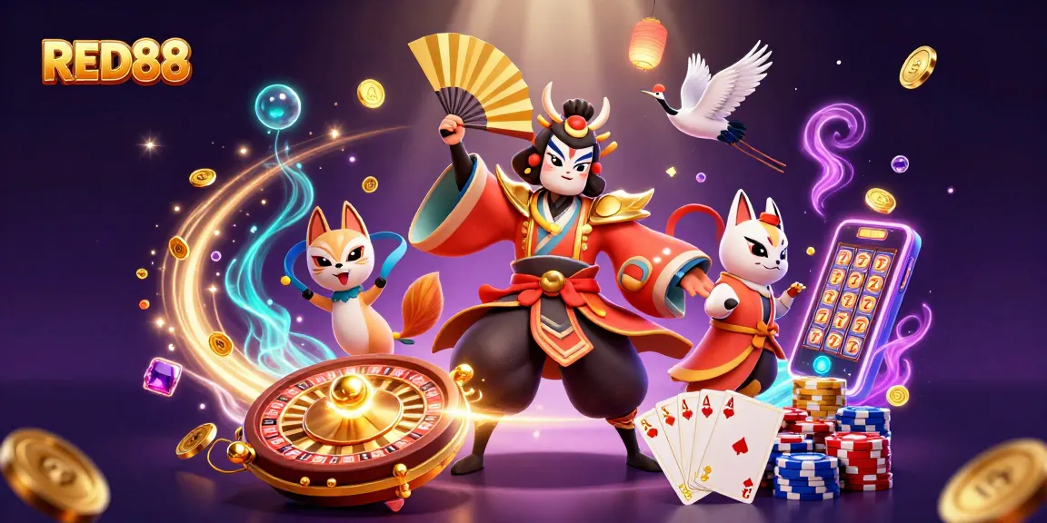 Win exciting rewards at RED88 with this vibrant 3D casino illustration of kabuki warriors and lucky symbols.