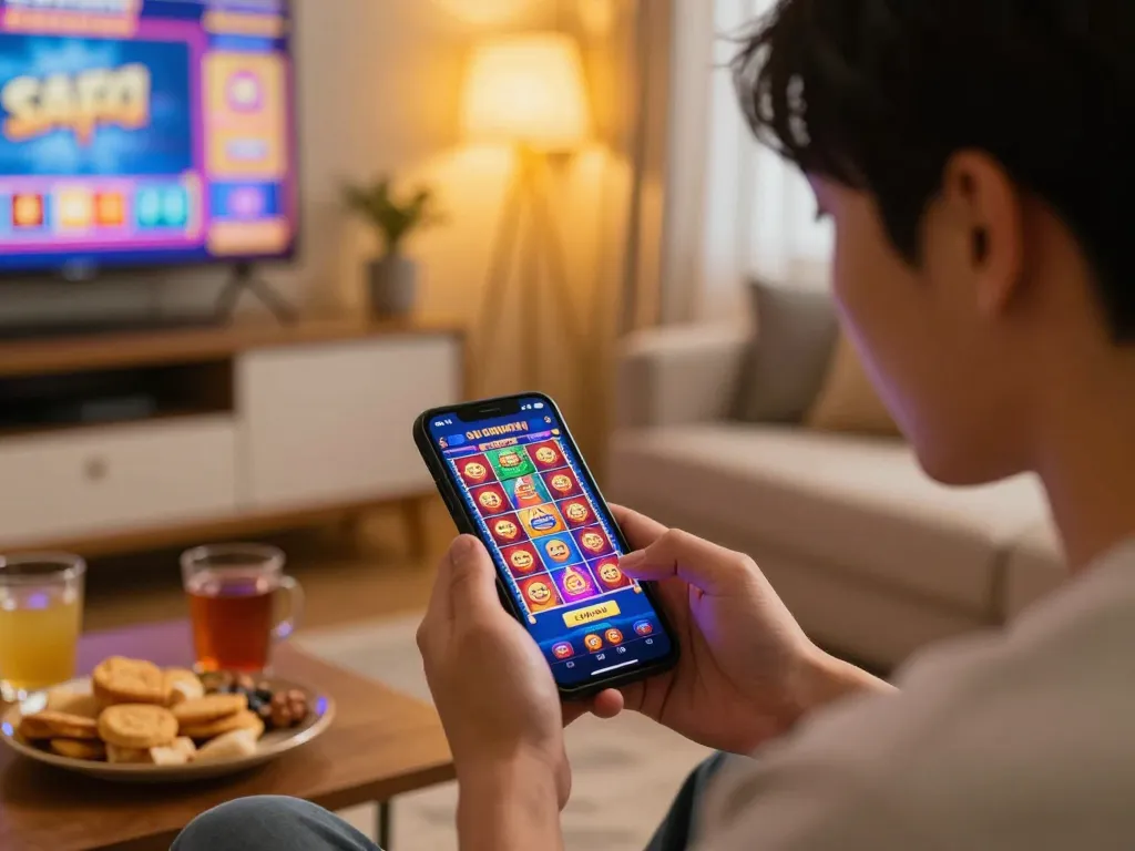 Player enjoying sunwin app on smartphone, vibrant online gambling scene at home.