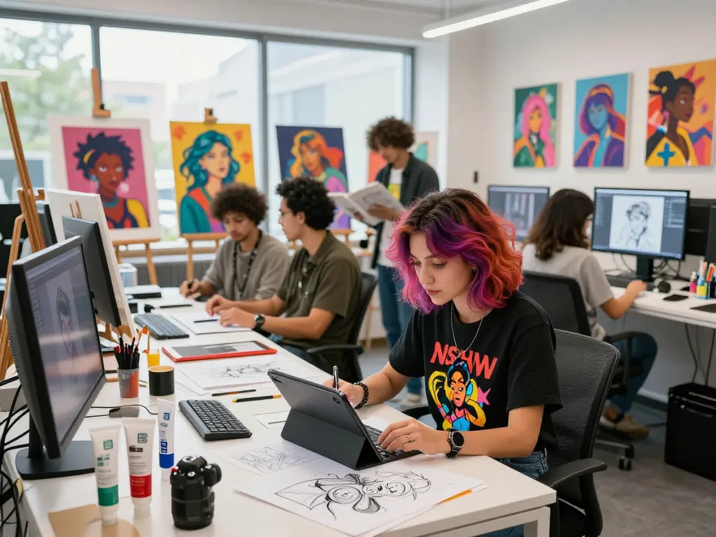 Creative digital art studio with artists working on ai nsfw illustrations, vibrant workspace filled with color and collaboration.