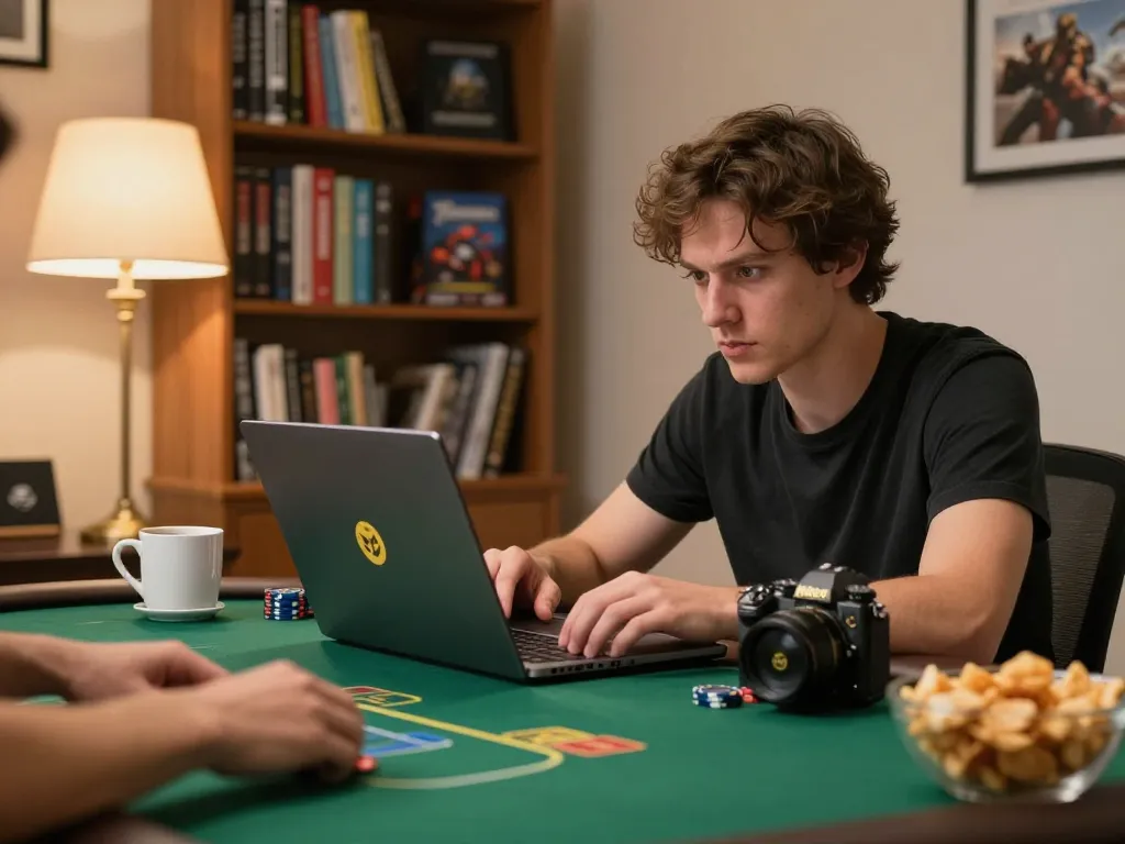 Person playing online poker on NEGO77 laptop, showcasing strategic gameplay in a cozy home setting.