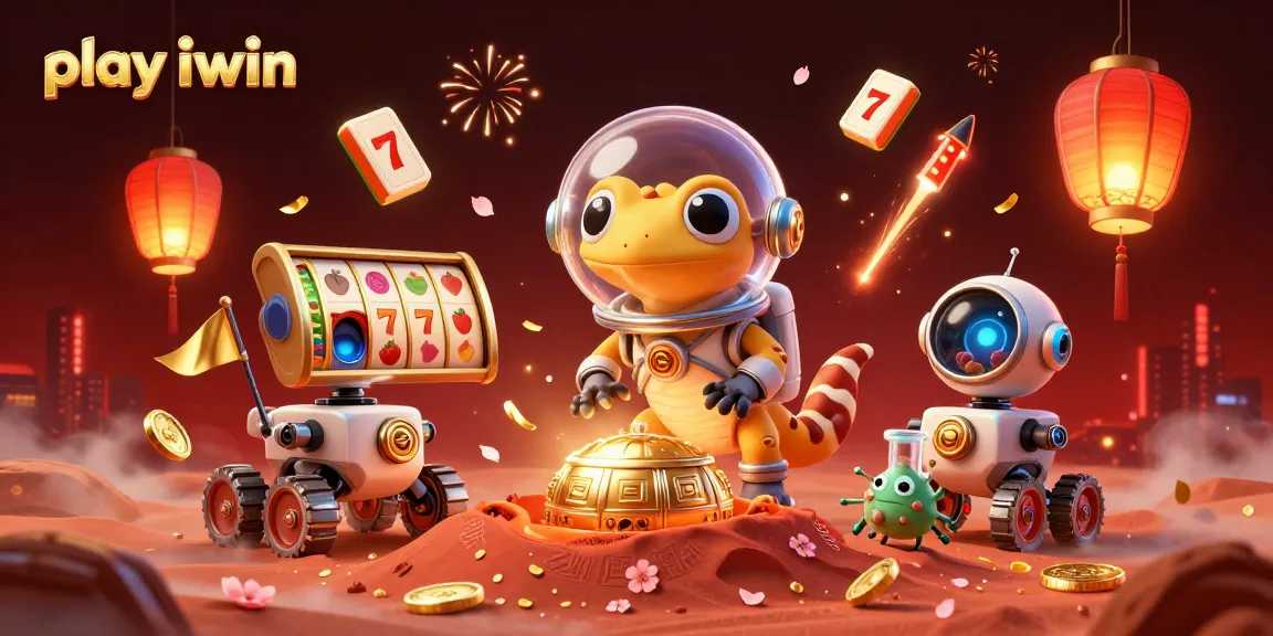 Play iwin with a vibrant, animated casino scene featuring a Martian gecko and a golden casino.