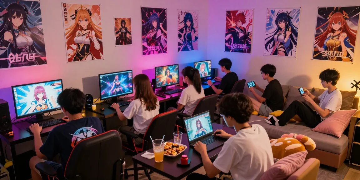 Players engaging with hentai games in a lively gaming environment, surrounded by colorful decor and animated characters.