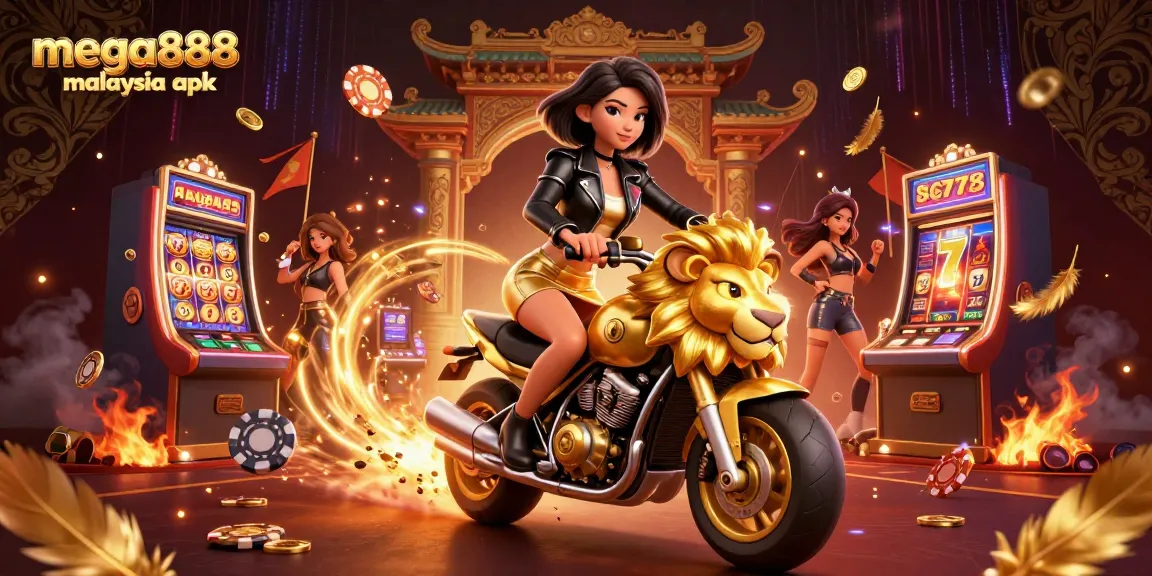 Engage in thrilling casino action with mega888 malaysia apk, featuring a glamorous character riding a golden lion amidst vibrant slot elements.