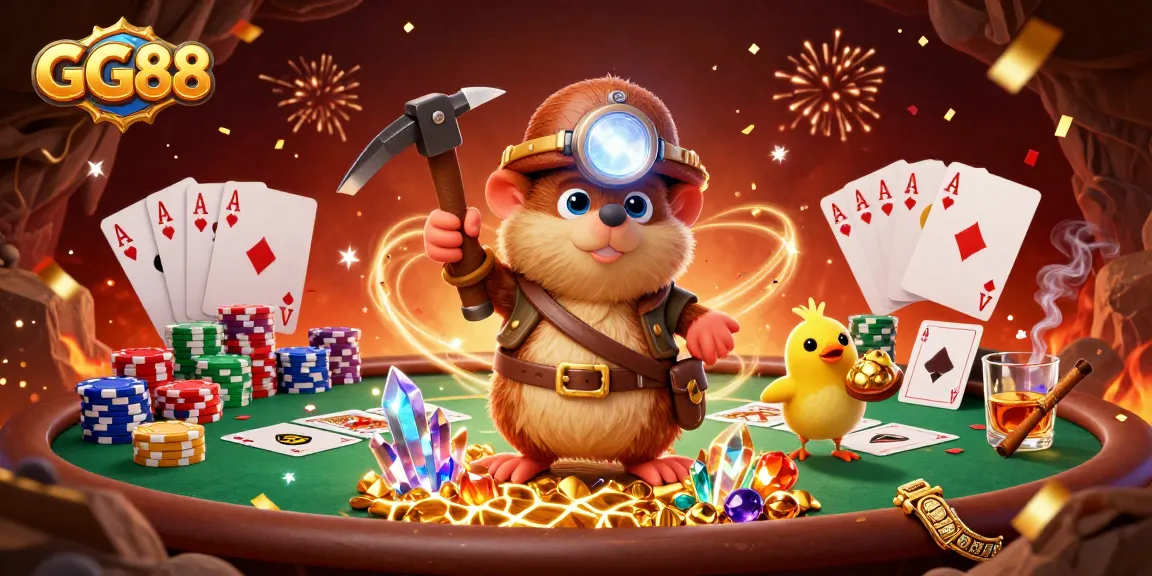 Engage with GG88's thrilling casino atmosphere, featuring vibrant characters amidst grand poker scenes.