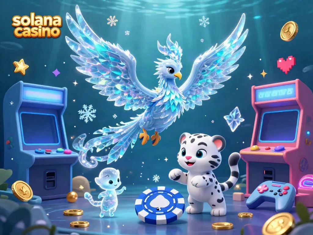 Engage with solana casino's vibrant scene featuring an ice phoenix and playful creatures in a dynamic gaming atmosphere.