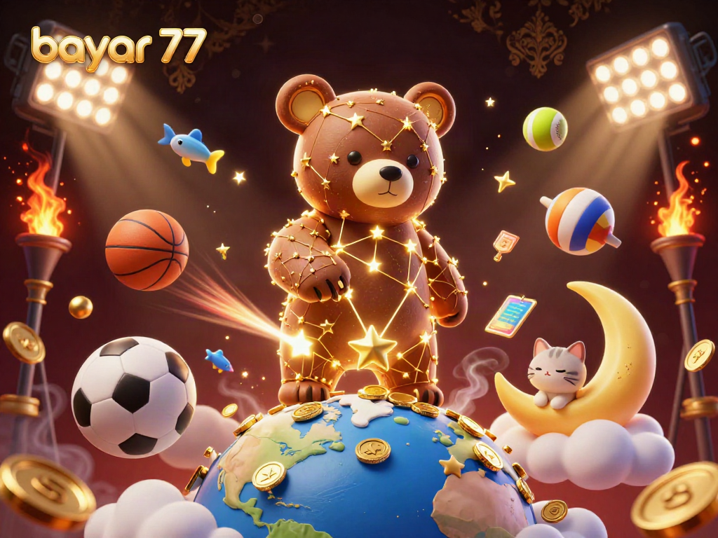 Experience seamless gaming with bayar 77 as a constellation bear scoops coins, enhanced by dynamic sports elements.