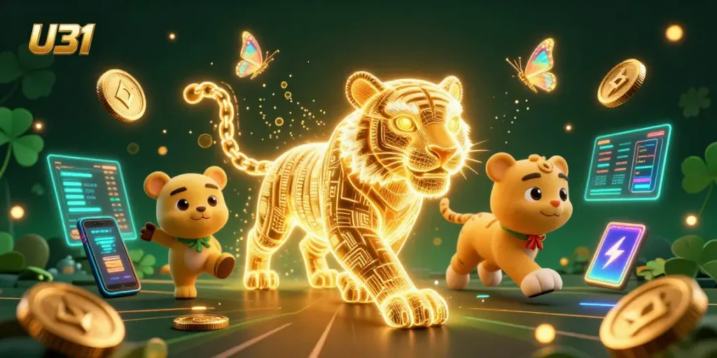 Experience U31's vibrant digital casino scene with a neon-wireframe golden tiger and crypto elements.