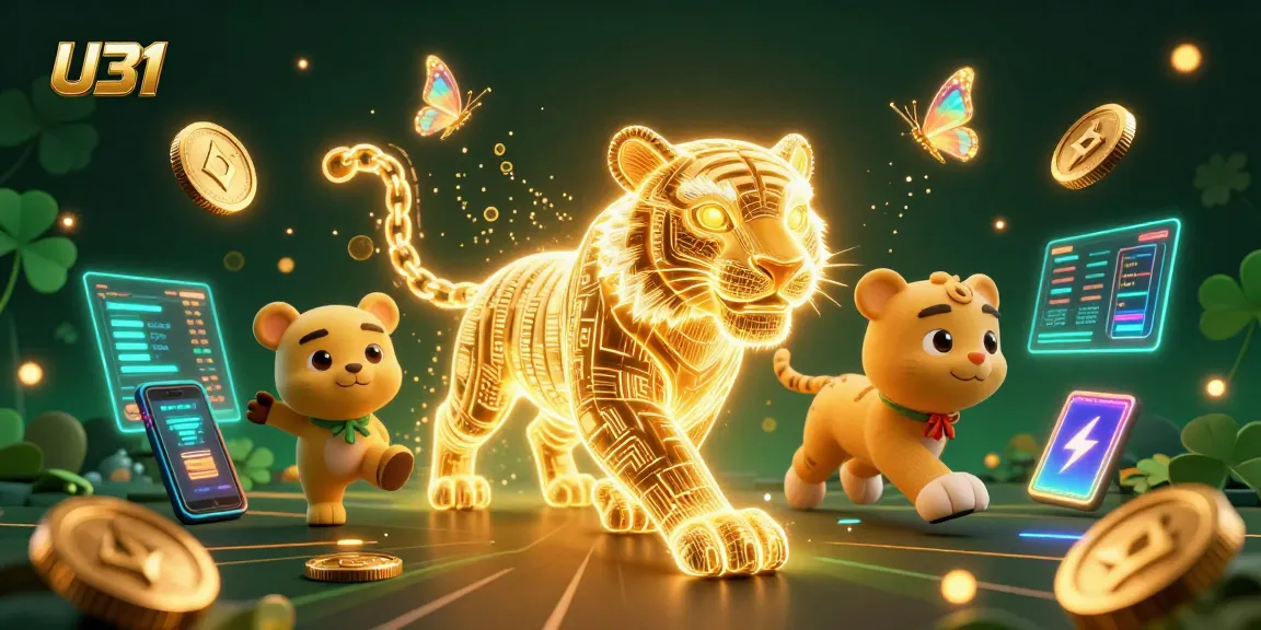 Experience U31's vibrant digital casino scene with a neon-wireframe golden tiger and crypto elements.